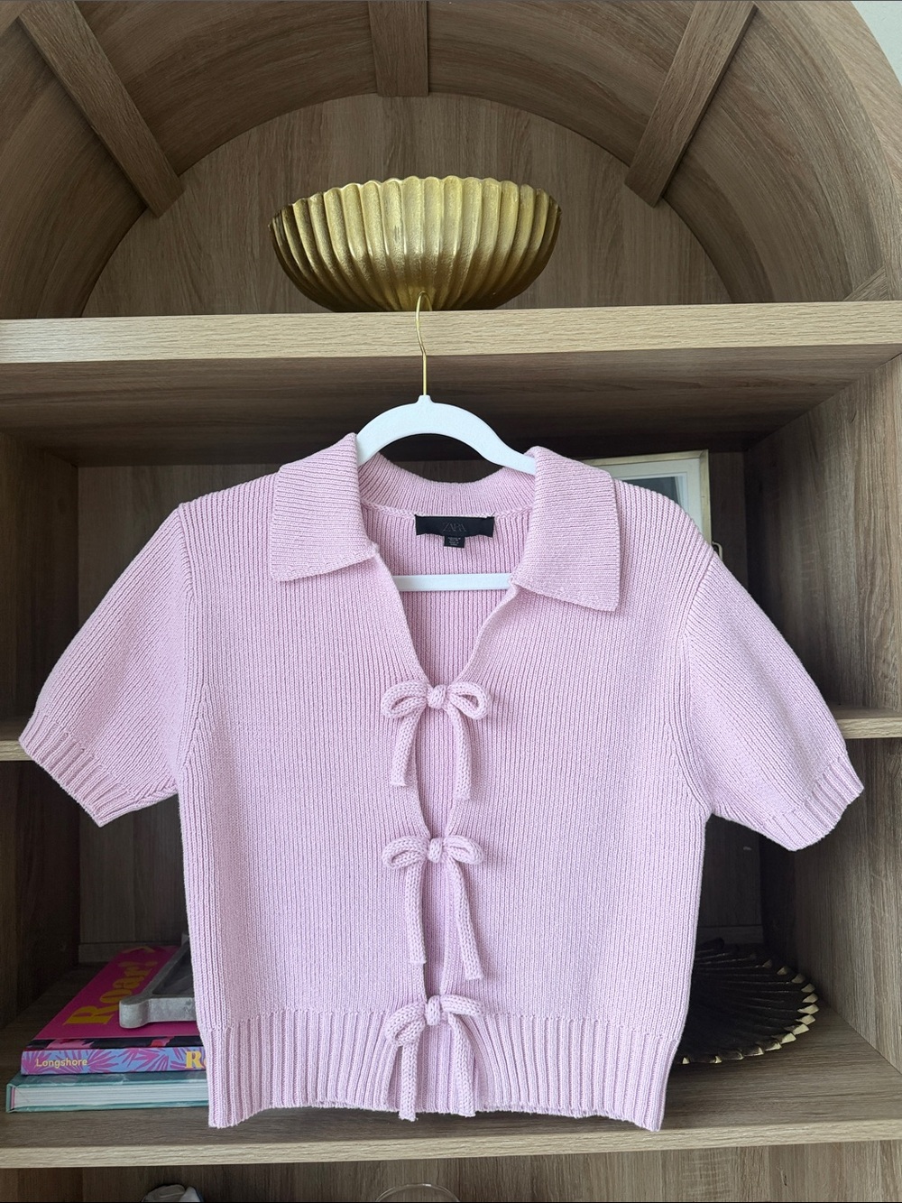 Zara Pastel Pink Knit Tie-Front Collared Short Sleeve Top